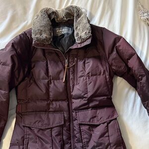 Eddie Bauer Maroon Puffer Jacket with Faux Fur Collar